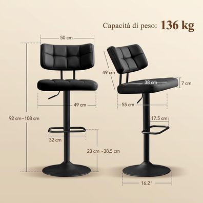 Ckaff Barhocker 2er Set, höhenverstellbar, 360° drehbar, mit Rückenlehne und