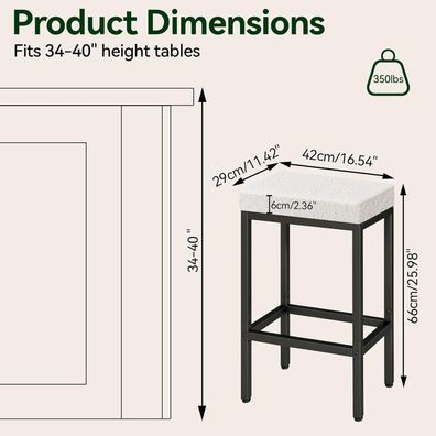 YMYNY Barhocker 2er Set, 66 cm, Weißer Küchenhocker mit Metallgestell, ohne