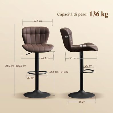 Barhocker 2er Set, höhenverstellbar & 360° drehbar aus PU-Leder, mit