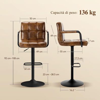 Ckaff Barhocker 2er Set, höhenverstellbar & 360° drehbar aus PU-Leder, Gelbbraun