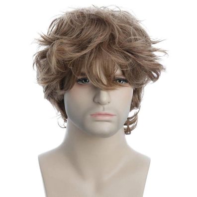 karlery Herren Kurz Locken Flauschig Braun Perücke mit Pony für Halloween und
