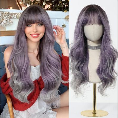 Esmee 24 Zoll Ombre Lila Grau Gewellte Perücke mit Pony Synthetisches Haar