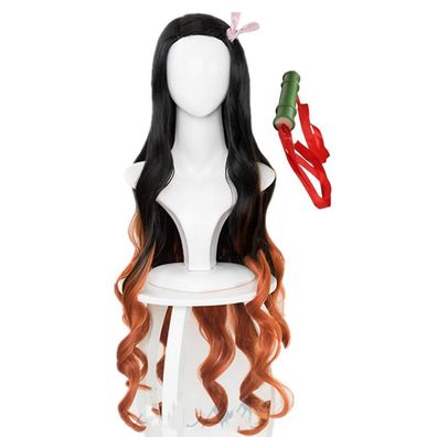 Topcosplay Lang Schwarz Orange Lockig Perücke für Halloween Kostüm Party Kamado