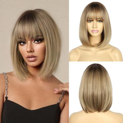 Sapphirewigs Bob Perücke Damen, kurz, blond, mit Pony, 12 Zoll, natürlich
