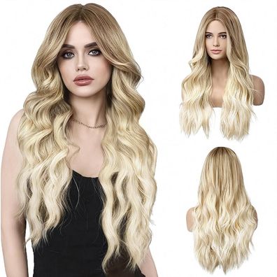 Lufflok Lange Lockige Ombre Perücke Braun zu Blond 68cm Hitzebeständig für Damen