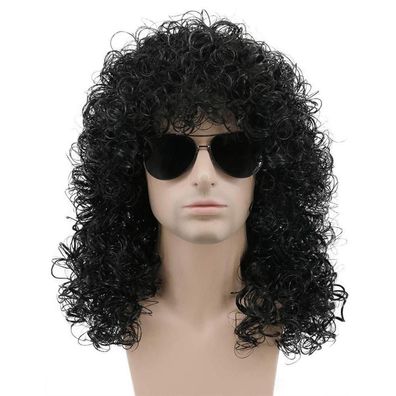 karlery Herren Lang Lockige Schwarz Perücke - 70er/80er Jahre Rocker Vokuhila