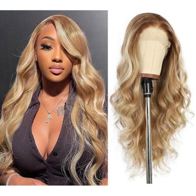Sapphirewigs Blonde Lace Front Perücke, synthetische wellige Balayage Haare, 26