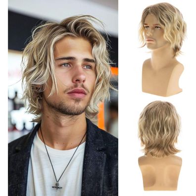 Herren kurze blonde lockige fluffige synthetische Cosplay Ersatz Perücke für