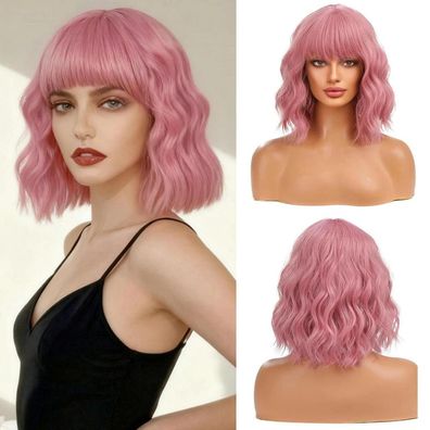 ZXTGBQ Rosa Bob Perücke für Damen, kurze gewellte Kunstfaser-Perücke mit Pony