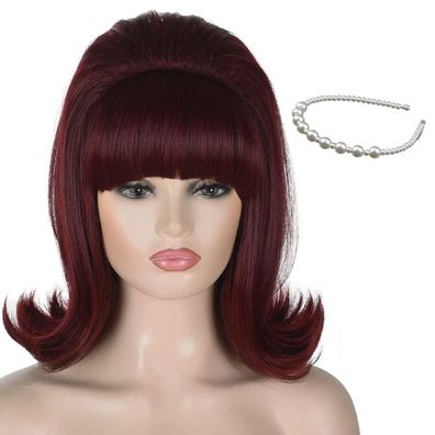 ATAYOU 60er 70er Jahre Weinrote Vintage Beehive Perücke mit Perlenstirnband für