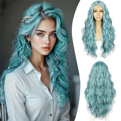 Sapphirewigs Lace Front Perücke für Damen, 24 Zoll, wellig, blau