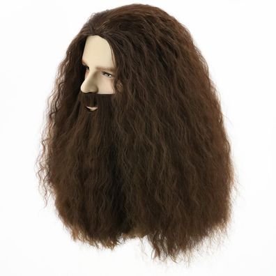 LeMarnia Herren Perücke Dunkelbraun Lange Lockige Haar Bartperücke für Cosplay