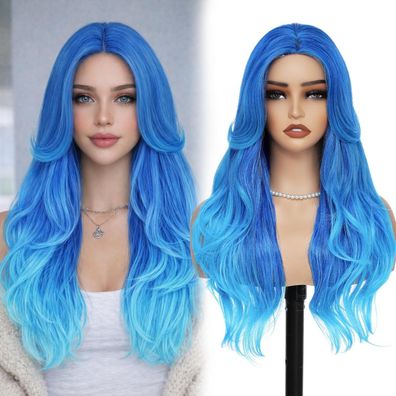 Ombre Blau Perücke 66 cm, lang gewellt, geschichtet, synthetisch