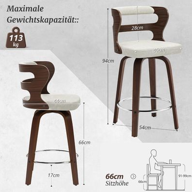 LUE BONA 2er Set Barhocker mit Lehne & Armlehnen, 66cm Hoch, Drehbar