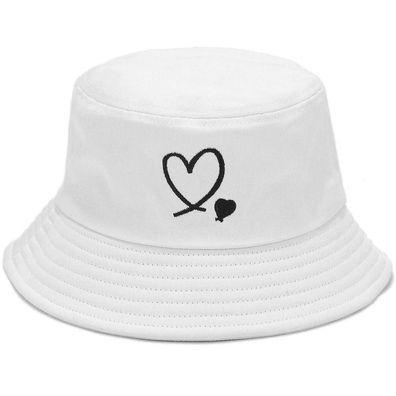 Malaxlx Damen Fischerhut Bucket Hat mit Liebesherz Stickerei, faltbar, weiß