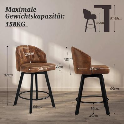 LUE BONA 360° Drehbarer Barhocker 2er Set mit Lehne, 65cm Hoch, Metallgestell