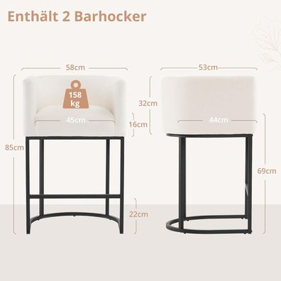 LUE BONA Barhocker 2er Set mit Lehne, 69cm Hoch, Metallgestell, Weiß Leinen