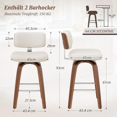 LUE BONA 2er Set Barhocker mit Lehne, 67cm Hoch, 360° drehbar, Holzbeine