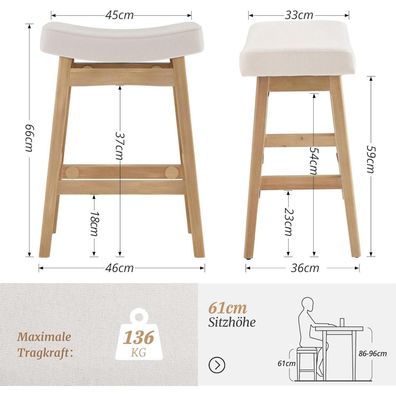 LUE BONA Barhocker 2er Set, 61 cm Hoch, Küchenhocker mit Stoff Sitzfläche und
