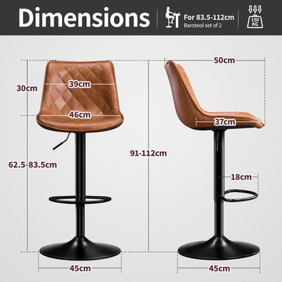 Stoolink Barhocker 2er Set, höhenverstellbar, drehbar mit Lehne aus
