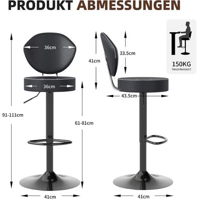 Youhauchair Barhocker 3er Set, drehbar und höhenverstellbar, Kunstleder