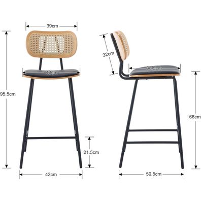 Ya-Home Barhocker 2er Set Rattan Kunstleder Sitzfläche Metallbeine Küchenhocker
