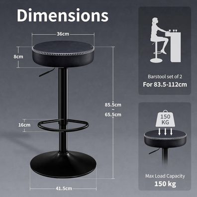 Stoolink Barhocker 2er Set, höhenverstellbar, drehbar, mit Mikrofaser-Leder und