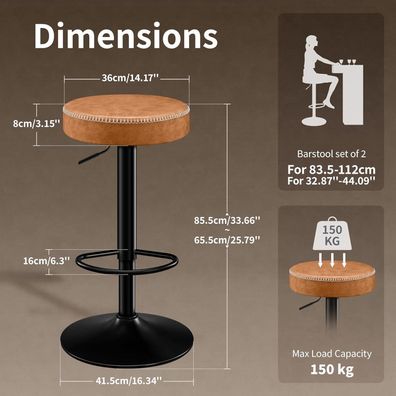 Stoolink 2er Set Barhocker aus Mikrofaser-Leder, 360° drehbar, 150kg Tragkraft
