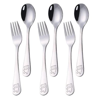 PHIEZC 6-teiliges Kinder Besteck Set aus 18/10 Edelstahl mit Bärenmuster, 16.5cm