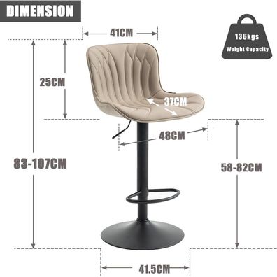 Younike Barhocker 2er Set, drehbar & höhenverstellbar, Kunstleder, Khaki