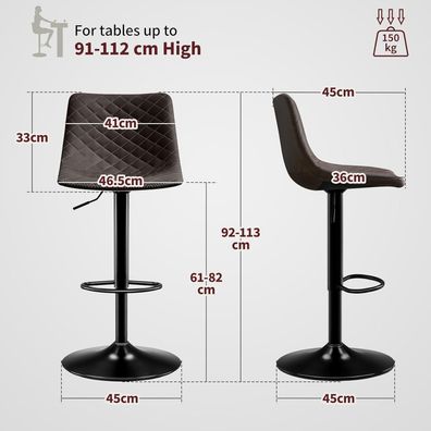 Stoolink 2er Set Barhocker Höhenverstellbar Mikrofaser-Leder, 360° Drehbar, mit