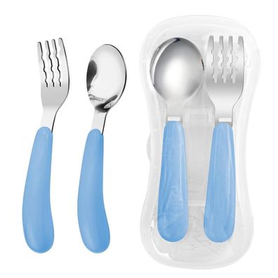 VANRA 2er Set Kleinkind Gabel und Löffel mit Reiseetui, 18/8 Edelstahl, Blau