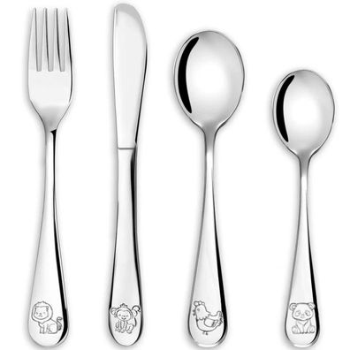 Doubles Kinderbesteck Set 4-teilig aus Edelstahl mit Tiermotiven, ab 3 Jahre