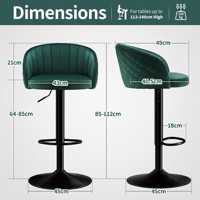Stoolink Barhocker 2er Set, höhenverstellbar, mit Lehne & Armlehne, 360°