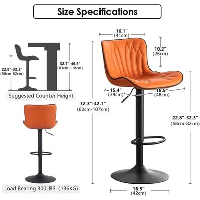 Younike Barhocker 2er Set, drehbar, höhenverstellbar, Kunstleder, orange
