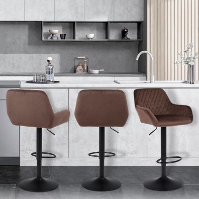 ralex-chair Barhocker 3er Set, Höhenverstellbar, Drehbar, Samtstoff, Braun