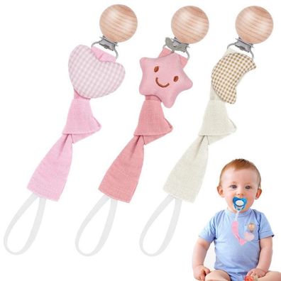 Vicloon Schnullerkette Baumwolle (3er-Set) - Stern, Mond, Herz - Perfektes
