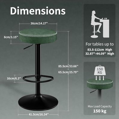 Stoolink 2er Set Barhocker, höhenverstellbar, Mikrofaser-Leder, mit Fußstütze