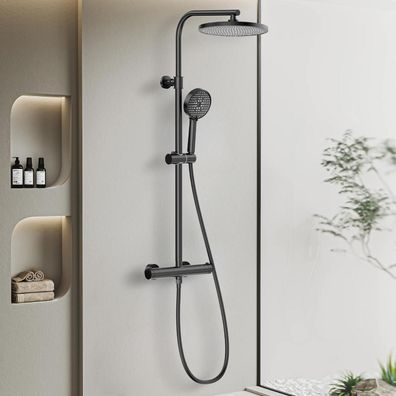 Ronvie Thermostat Duschsystem Schwarz, 25cm Regendusche, 3 Strahlarten