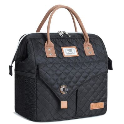 Lekesky Isolierte Lunchtasche für Damen, 11L, Schwarz Gesteppt, Auslaufsicher