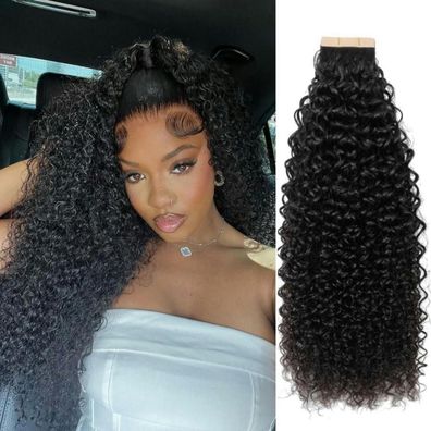 YDDM Kinky Curly Tape Extensions Echthaar Schwarz für Schwarze Frauen, 16 Zoll