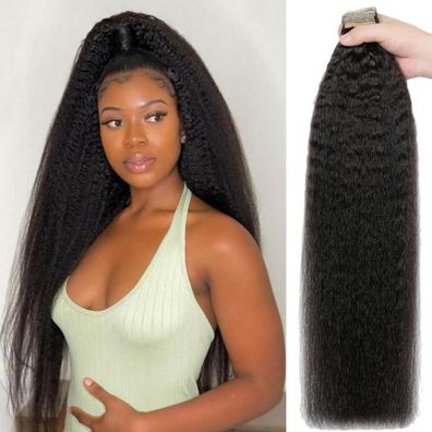 YDDM Tape Extensions Echthaar Kinky Straight Schwarz für Schwarze Frauen, 24