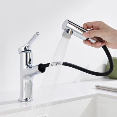 Detbom Waschtischarmatur mit ausziehbarer Brause, 2 Strahlarten