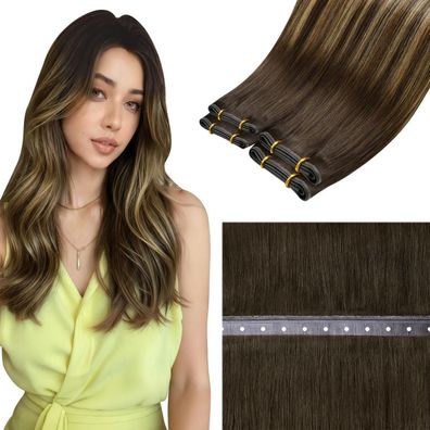 LaaVoo Echthaar Tressen Extensions 55cm Braun Balayage Dunkelbraun 80g #4/27/4
