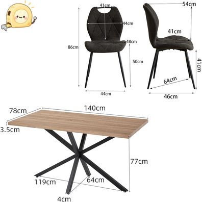 5-teiliges Esszimmermöbel-Set: 140 cm Esstisch mit 4 gepolsterten Stühlen