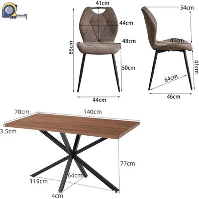HJhomeheart 5-teiliges Esszimmermöbel-Set: 140 cm Esstisch mit 4 gepolsterten
