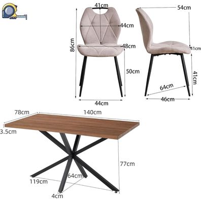 HJhomeheart 5-teiliges Esszimmer-Set: 140cm Esstisch mit 4 gepolsterten Stühlen