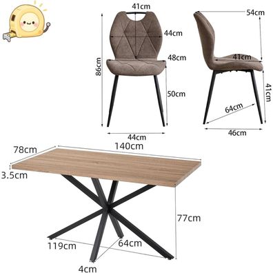 5-teiliges Esszimmer-Set: 140 cm Esstisch (helle Holzmaserung) mit 4