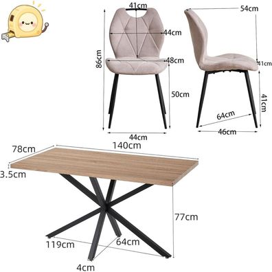 5-teiliges Esszimmermöbel-Set: 140 cm Esstisch mit 4 gepolsterten Stühlen
