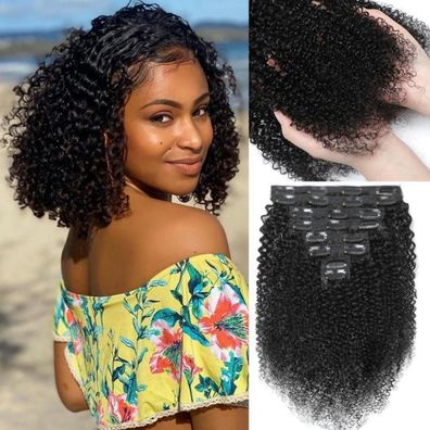 YDDM Kinky Curly Clip In Echthaarverlängerungen für Schwarze Frauen - 12 Zoll